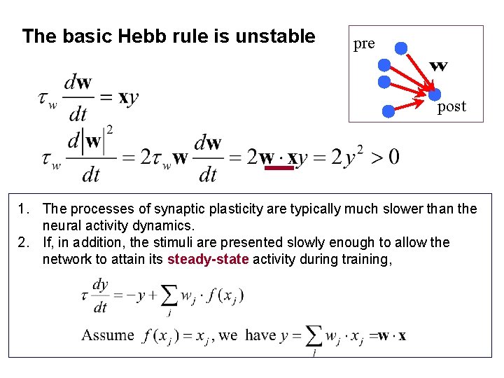 The basic Hebb rule is unstable pre post 1. The processes of synaptic plasticity