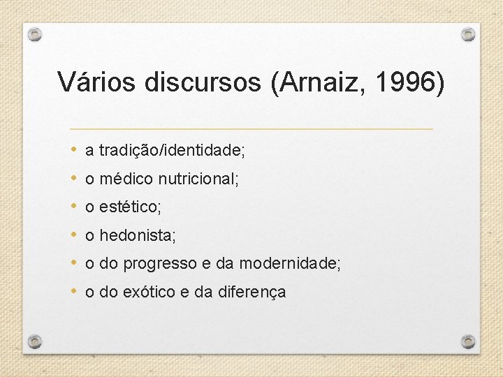 Vários discursos (Arnaiz, 1996) • • • a tradição/identidade; o médico nutricional; o estético;