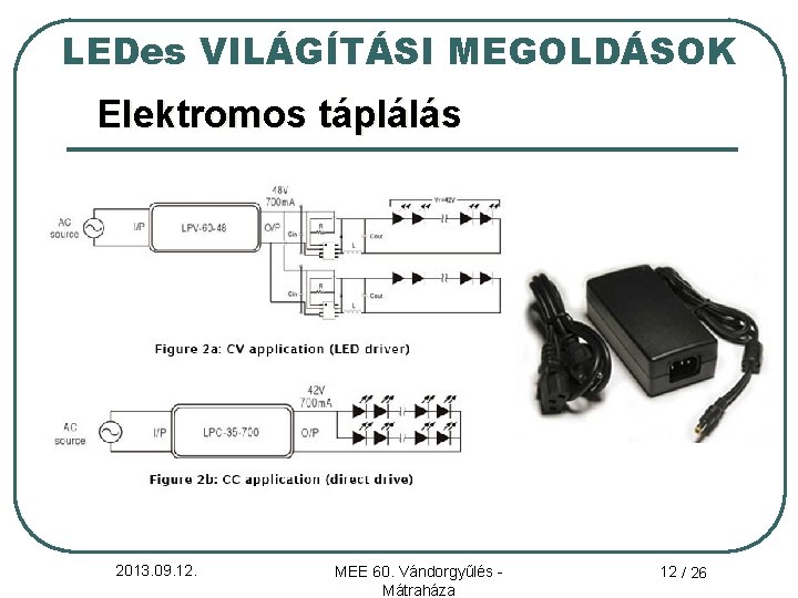 LEDes VILÁGÍTÁSI MEGOLDÁSOK Elektromos táplálás 2013. 09. 12. MEE 60. Vándorgyűlés Mátraháza 12 /