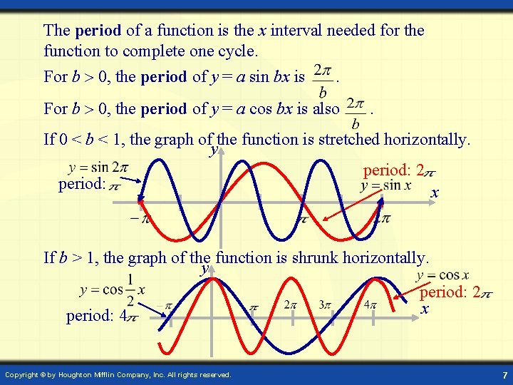 The period of a function is the x interval needed for the function to