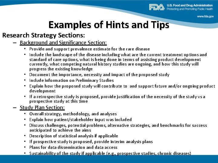 Examples of Hints and Tips Research Strategy Sections: – Background and Significance Section: •