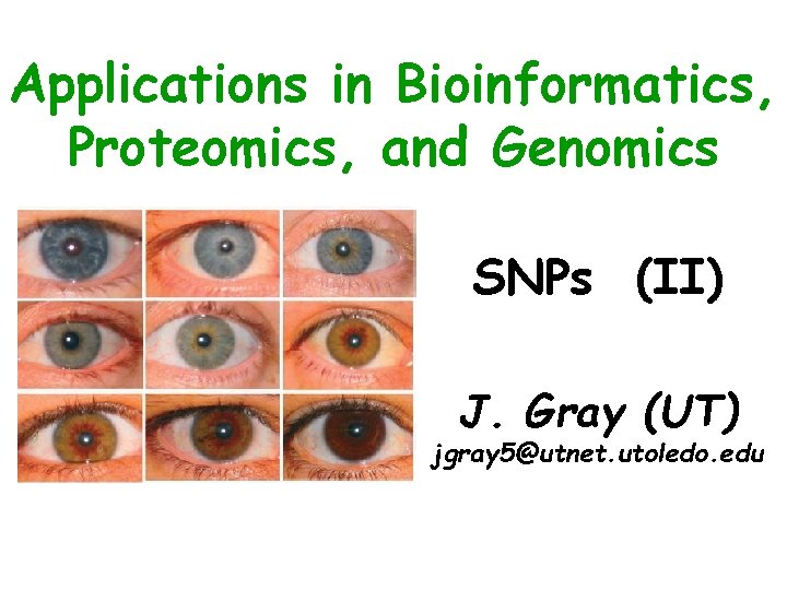 Applications in Bioinformatics, Proteomics, and Genomics SNPs (II) J. Gray (UT) jgray 5@utnet. utoledo.