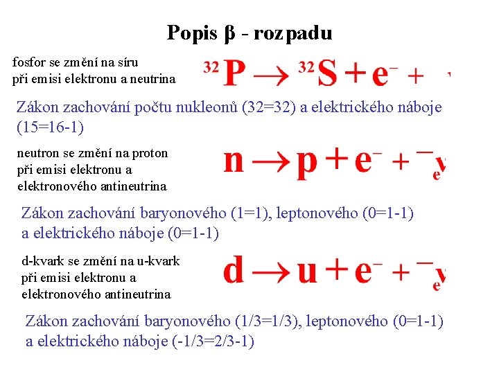 Popis β - rozpadu fosfor se změní na síru při emisi elektronu a neutrina