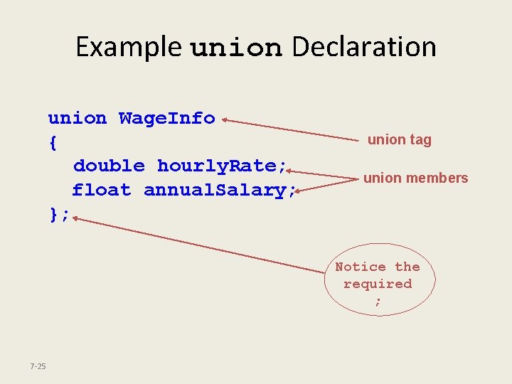 Example union Declaration union Wage. Info { double hourly. Rate; float annual. Salary; };