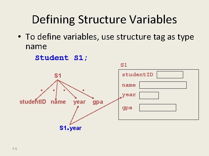 Defining Structure Variables • To define variables, use structure tag as type name Student
