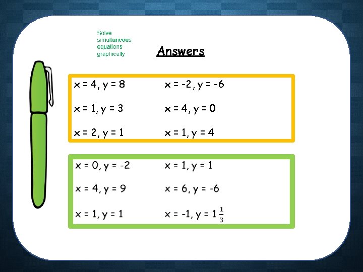 Answers x = 4, y = 8 x = -2, y = -6 x