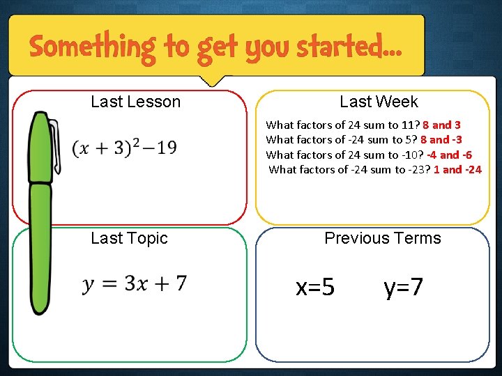 Last Lesson Last Week What factors of 24 sum to 11? 8 and 3