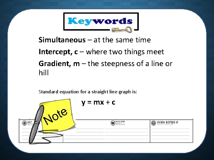 Simultaneous – at the same time Intercept, c – where two things meet Gradient,