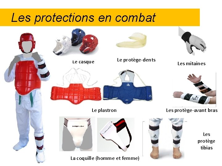 Les protections en combat Le casque Le protège-dents Le plastron Les mitaines Les protège-avant