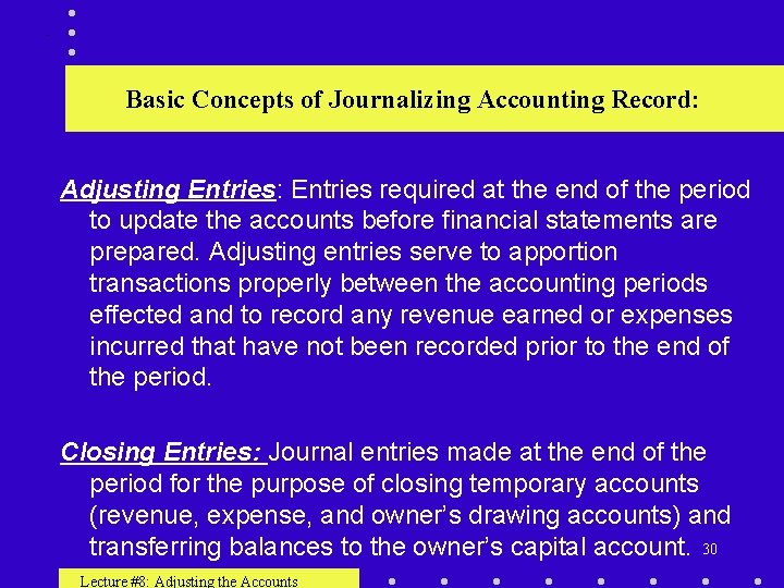 . Basic Concepts of Journalizing Accounting Record: Adjusting Entries: Entries required at the end