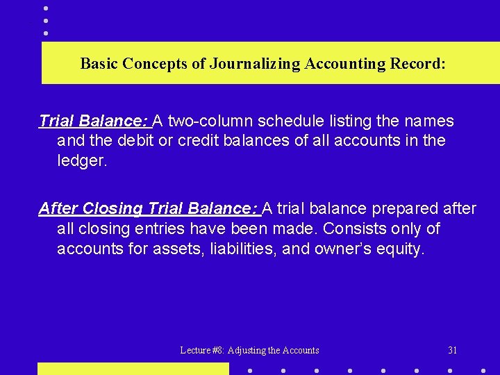 . Basic Concepts of Journalizing Accounting Record: Trial Balance: A two-column schedule listing the