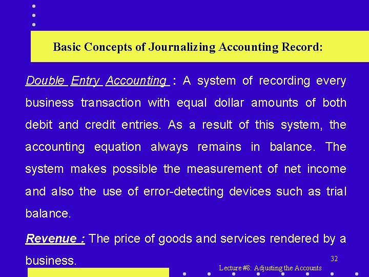 . Basic Concepts of Journalizing Accounting Record: Double Entry Accounting : A system of