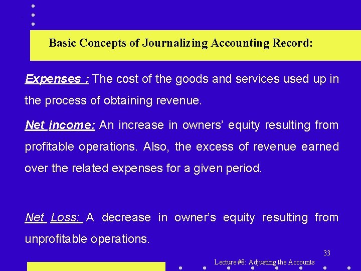 . Basic Concepts of Journalizing Accounting Record: Expenses : The cost of the goods