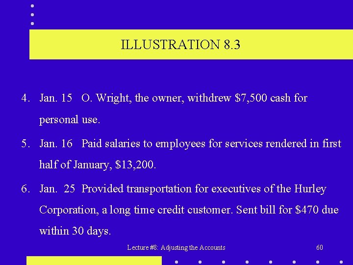 ILLUSTRATION 8. 3 4. Jan. 15 O. Wright, the owner, withdrew $7, 500 cash
