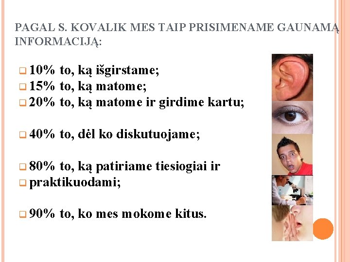PAGAL S. KOVALIK MES TAIP PRISIMENAME GAUNAMĄ INFORMACIJĄ: q 10% to, ką išgirstame; q PAGAL S. KOVALIK MES TAIP PRISIMENAME GAUNAMĄ INFORMACIJĄ: q 10% to, ką išgirstame; q