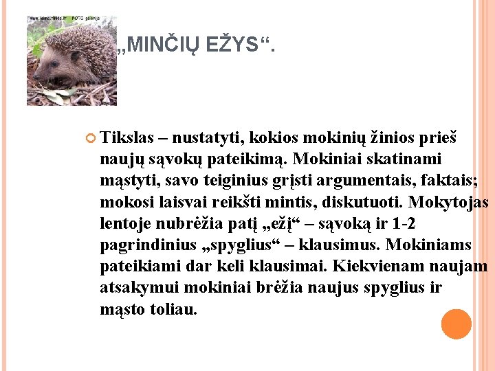 „MINČIŲ EŽYS“. Tikslas – nustatyti, kokios mokinių žinios prieš naujų sąvokų pateikimą. Mokiniai skatinami „MINČIŲ EŽYS“. Tikslas – nustatyti, kokios mokinių žinios prieš naujų sąvokų pateikimą. Mokiniai skatinami