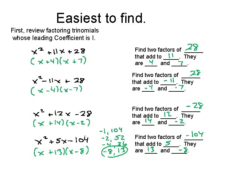 Easiest to find. First, review factoring trinomials whose leading Coefficient is I. Find two