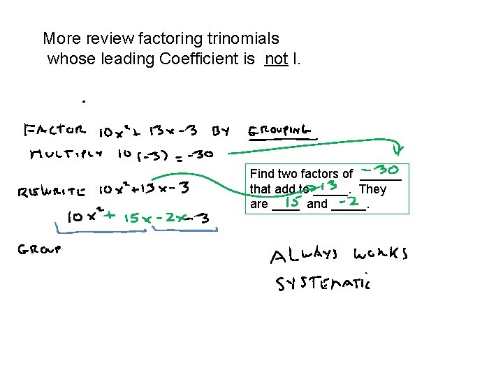 More review factoring trinomials whose leading Coefficient is not I. Find two factors of