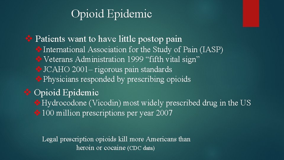 Opioid Epidemic v Patients want to have little postop pain v International Association for