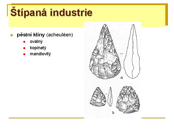 Štípaná industrie n pěstní klíny (acheuléen) n n n oválný kopinatý mandlovitý 