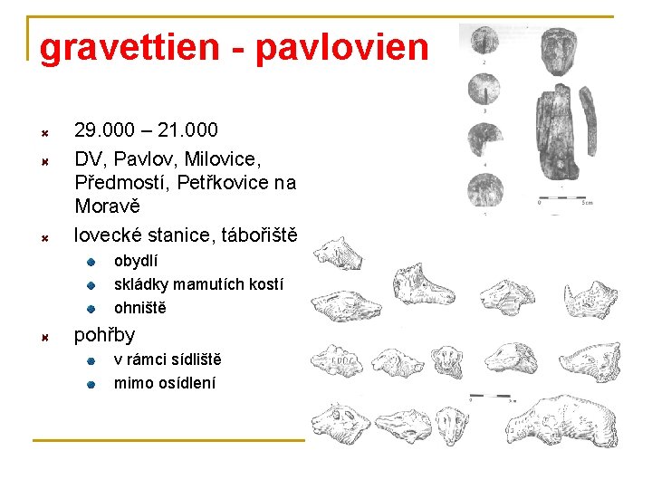 gravettien - pavlovien 29. 000 – 21. 000 DV, Pavlov, Milovice, Předmostí, Petřkovice na