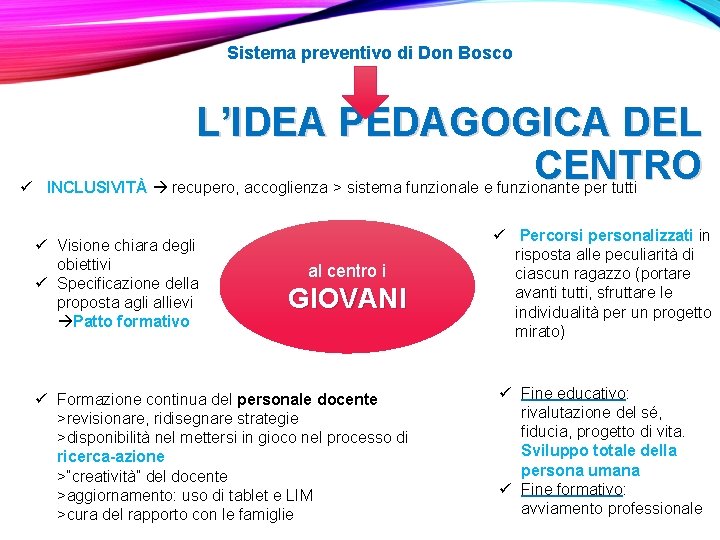 Sistema preventivo di Don Bosco L’IDEA PEDAGOGICA DEL CENTRO ü INCLUSIVITÀ recupero, accoglienza >