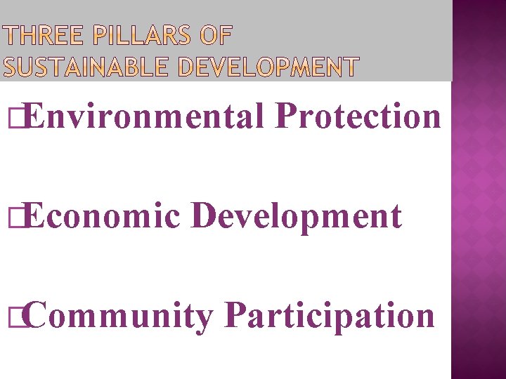 �Environmental Protection �Economic Development �Community Participation 