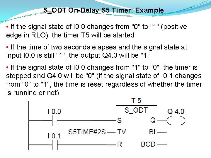 S_ODT On-Delay S 5 Timer: Example • If the signal state of I 0.