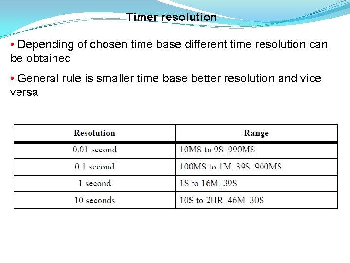 Timer resolution • Depending of chosen time base different time resolution can be obtained