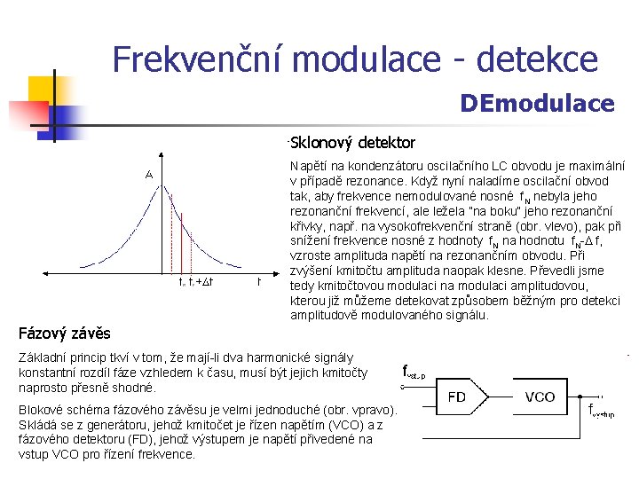 Frekvenční modulace - detekce DEmodulace Sklonový detektor Napětí na kondenzátoru oscilačního LC obvodu je