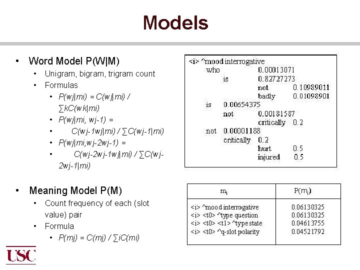 Models • Word Model P(W|M) • • Unigram, bigram, trigram count Formulas • P(wj|mi)