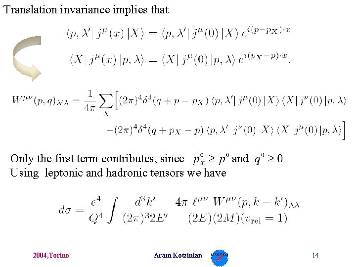 Translation invariance implies that Only the first term contributes, since and Using leptonic and