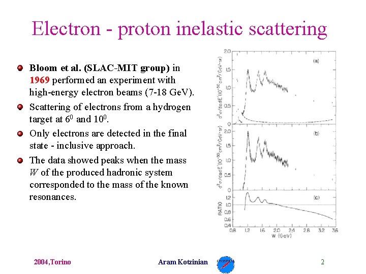 Electron - proton inelastic scattering Bloom et al. (SLAC-MIT group) in 1969 performed an