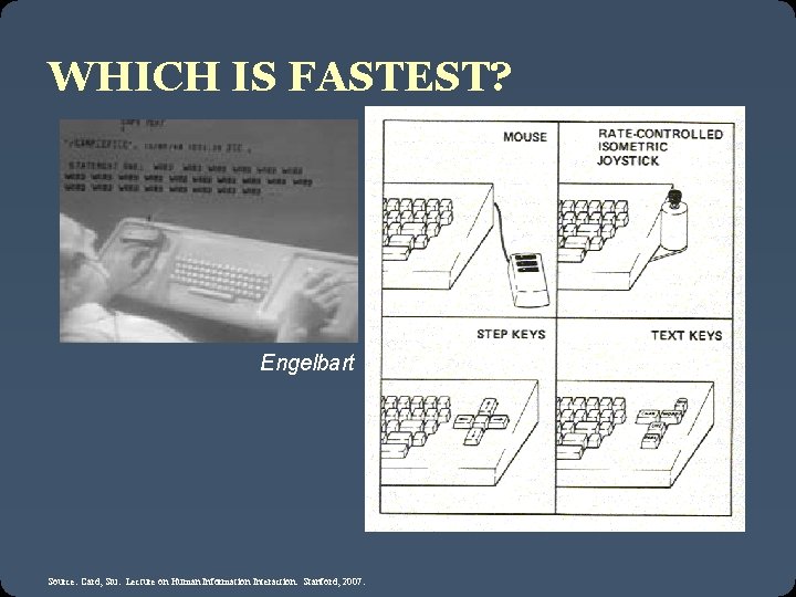 WHICH IS FASTEST? Engelbart Source: Card, Stu. Lecture on Human Information Interaction. Stanford, 2007.