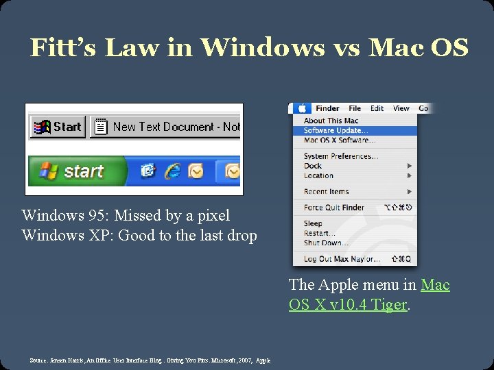 Fitt’s Law in Windows vs Mac OS Windows 95: Missed by a pixel Windows