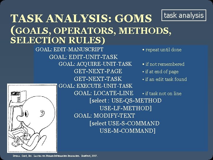 TASK ANALYSIS: GOMS task analysis (GOALS, OPERATORS, METHODS, SELECTION RULES) GOAL: EDIT-MANUSCRIPT • repeat
