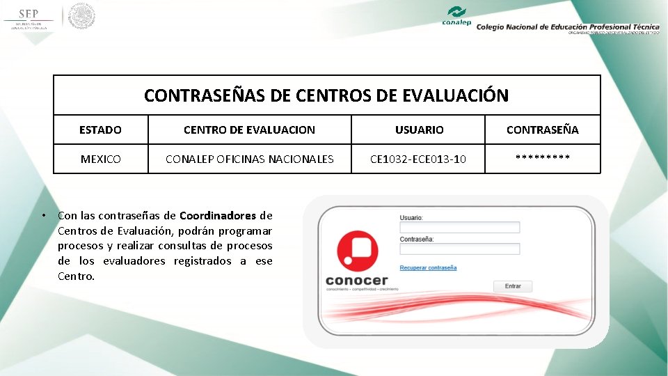 CONTRASEÑAS DE CENTROS DE EVALUACIÓN ESTADO CENTRO DE EVALUACION USUARIO CONTRASEÑA MEXICO CONALEP OFICINAS