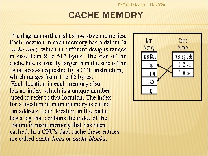 Dr. Faisal Alzyoud CACHE MEMORY The diagram on the right shows two memories. Each