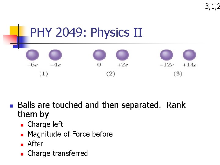 3, 1, 2 PHY 2049: Physics II n Balls are touched and then separated.