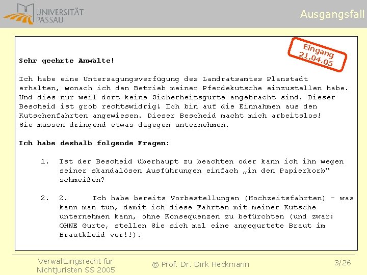 Ausgangsfall Ein g 21. ang 04. 05 Sehr geehrte Anwälte! Ich habe eine Untersagungsverfügung