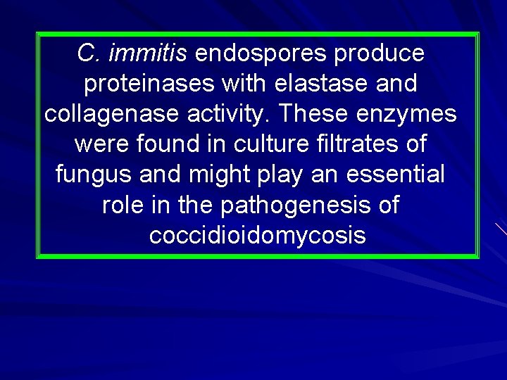 C. immitis endospores produce proteinases with elastase and collagenase activity. These enzymes were found