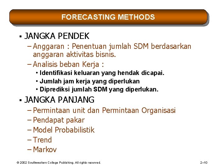 FORECASTING METHODS § JANGKA PENDEK – Anggaran : Penentuan jumlah SDM berdasarkan anggaran aktivitas