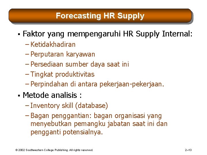 Forecasting HR Supply § Faktor yang mempengaruhi HR Supply Internal: – Ketidakhadiran – Perputaran