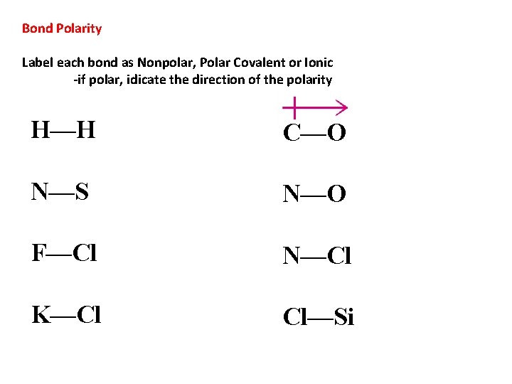 Bond Polarity Label each bond as Nonpolar, Polar Covalent or Ionic -if polar, idicate