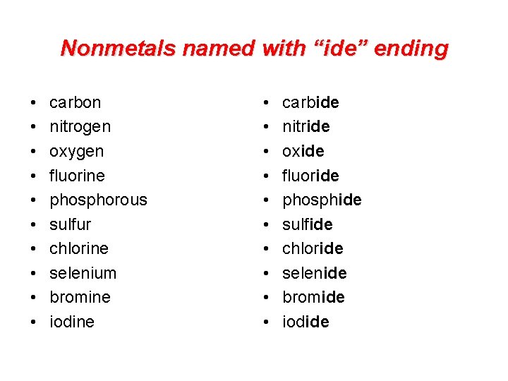 Nonmetals named with “ide” ending • • • carbon nitrogen oxygen fluorine phosphorous sulfur