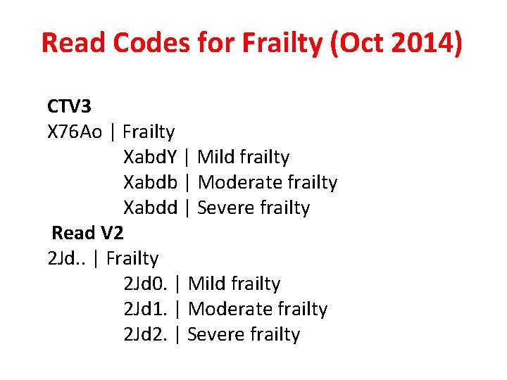 Read Codes for Frailty (Oct 2014) CTV 3 X 76 Ao | Frailty Xabd.