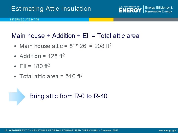 Estimating Attic Insulation INTERMEDIATE MATH Main house + Addition + Ell = Total attic