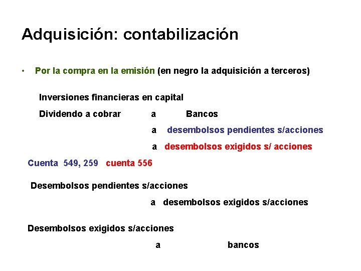 Adquisición: contabilización • Por la compra en la emisión (en negro la adquisición a