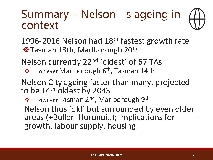 Summary – Nelson’s ageing in context 1996 -2016 Nelson had 18 th fastest growth