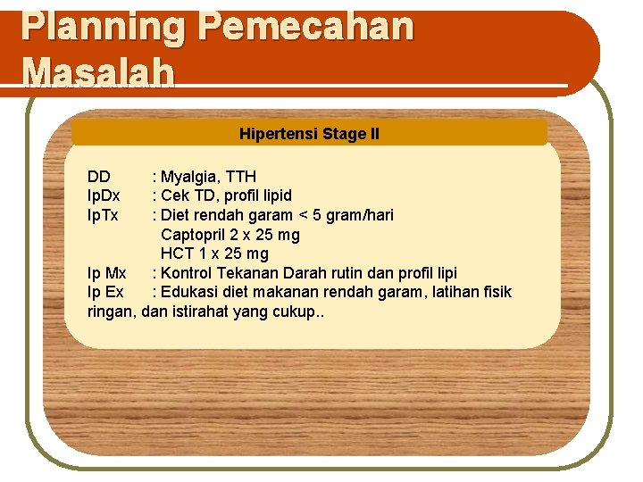 Planning Pemecahan Masalah Hipertensi Stage II DD Ip. Dx Ip. Tx : Myalgia, TTH